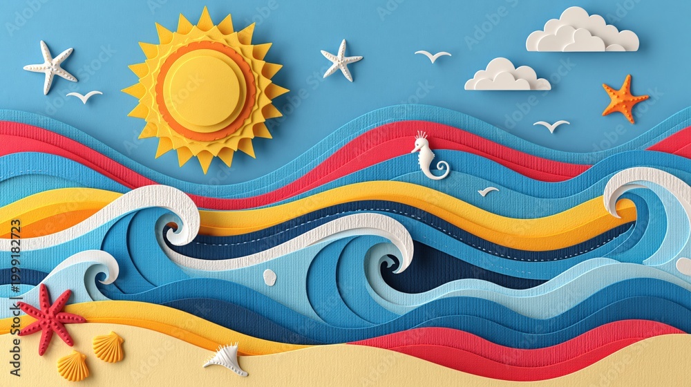 Obraz premium Colorful paper cut summer beach with sun waves sea shells and starfish on blue background ideal for holiday banner and travel advertising design.