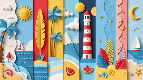 Colorful paper cut summer beach and sea landscape panels with lighthouse, palm trees, sun and moon, playful holiday background for banner or web design.