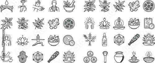 Comprehensive Ayurveda and herbal wellness line art icon set featuring unique vector symbols including traditional medicine, botanical herbs, holistic health, and spiritual healing practices style.