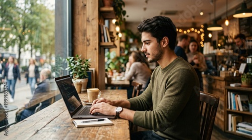 Man working on laptop in a coffee shop with a blurred background