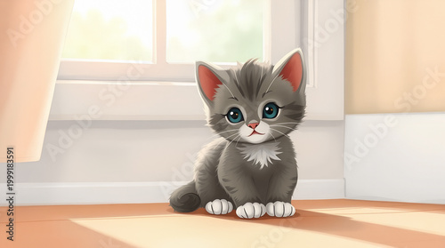Cute Gray Cartoon Kitten with Blue Eyes Sitting by Sunlit Window