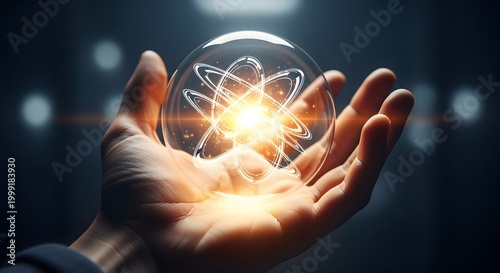 Futuristic glowing atom model in human hand, nuclear energy and quantum physics concept, bright scientific glass sphere with orbital rings
