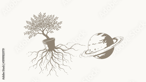 Surreal Hand-Colored Pencil Illustration of a Potted Tree with Exposed Roots Extending to a Ringed Planet, Exploring the Connection Between Nature and Space