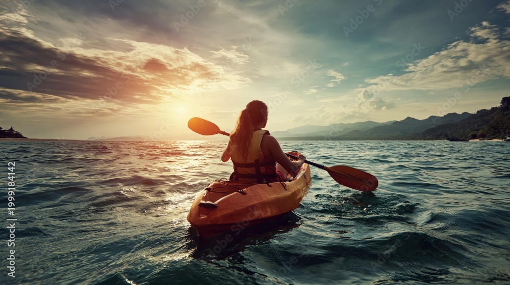 Obraz premium Woman kayaking on open water at sunset with scenic mountains and dramatic sky, viewed from behind, adventure and travel lifestyle concept.