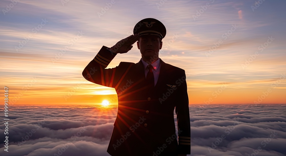 Fototapeta premium Commercial Airline Pilot in Uniform Saluting above the Clouds at Sunrise