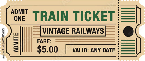 Vintage Train Ticket Stub Vector Design for Travel Tourism and Retro Railway Theme Concept