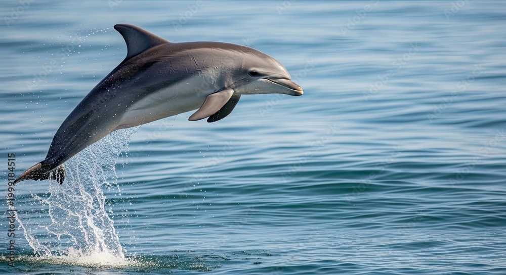 Fototapeta premium Common bottlenose dolphin leaping high out of the blue ocean water with a splash