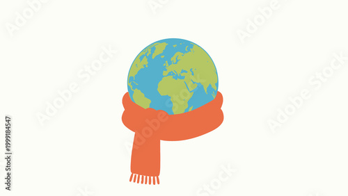Cute Hand-Drawn Illustration of Planet Earth Wearing an Orange Woven Scarf, Depicting Global Warming and Cold Climate Concept on a Plain White Background