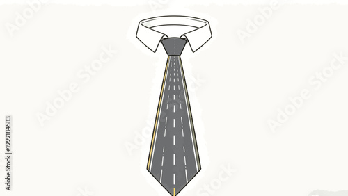 Clever Surreal Minimalist Illustration of a Highway Road Styled as a Necktie Paired With a Dress Shirt Collar, an Optical Illusion Fusion of Formal Wear and Infrastructure
