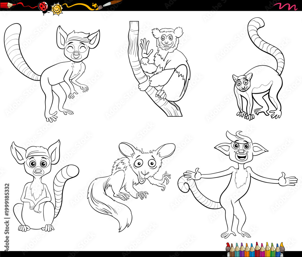 Obraz premium cartoon lemurs wild animals comic characters set coloring page