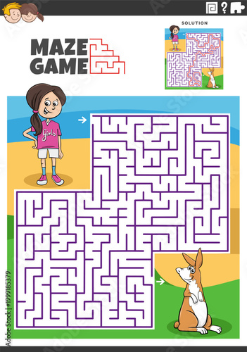 maze puzzle game with cartoon girl and miniature rabbit