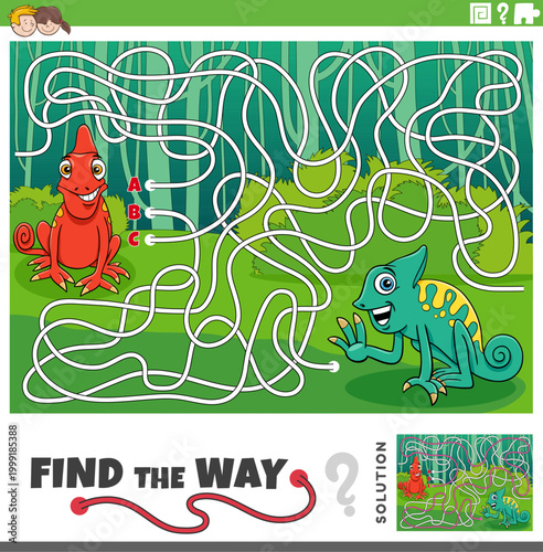 maze activity game with two cartoon chameleons animal characters