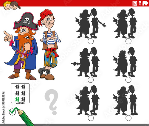 shadow puzzle activity with happy cartoon pirates characters