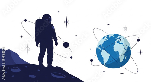 Astronaut standing on a planet looking at Earth in space.