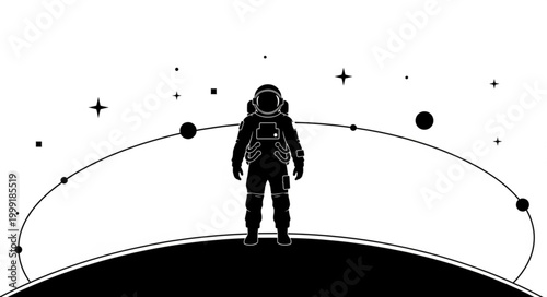 Astronaut standing on alien planet with stars and planets.