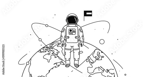 Astronaut standing on Earth with flag and orbits.