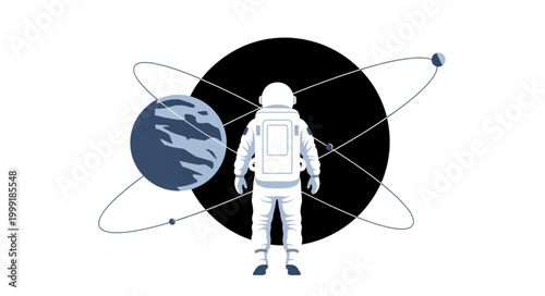 Astronaut stands before a black hole and planet.