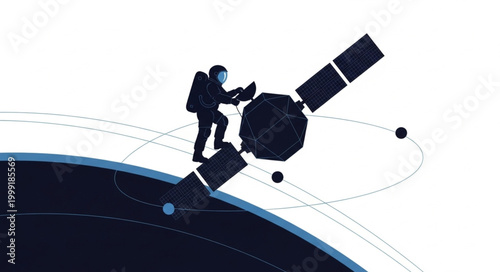 Astronaut working on a satellite in outer space.