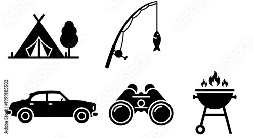 Outdoor Hobby Icons Set with Fishing Rod Binoculars and Trees