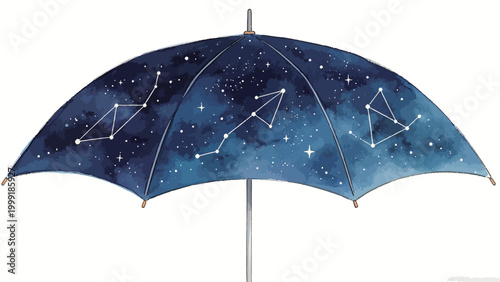 Watercolor Illustration of an Open Umbrella Decorated with a Deep Indigo Night Sky and White Connected Constellation Patterns on a Plain White Background