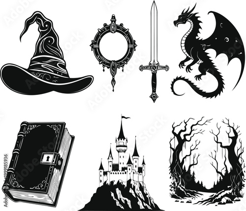 Fantasy Magic Icon Set, AI Generated Medieval RPG Vector Illustrations