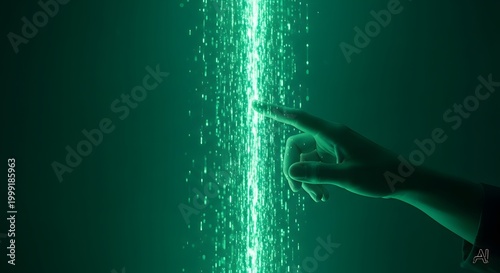 Futuristic digital data stream with human hand touching glowing green light, cyber security and artificial intelligence concept, high tech information flow