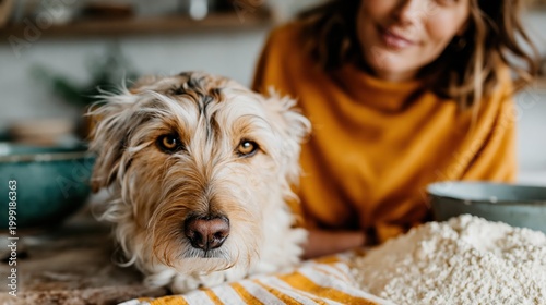 A playful dog rests next to a woman in a kitchen filled with flour, showcasing a cozy domestic scene that blends warmth and culinary activity together beautifully.