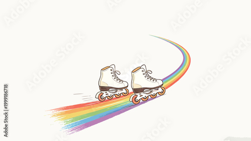 Minimalist Hand-Drawn Illustration of White Inline Skates Gliding Across a Plain Light Background, Leaving a Curved Rainbow Speed Trail, Creative Minimal Artwork