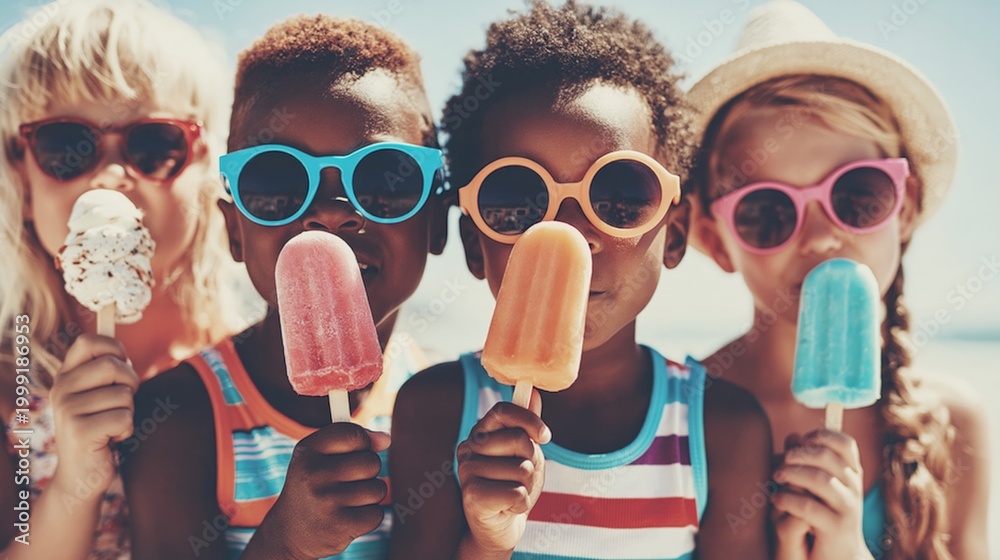 Obraz premium Happy kids in sunglasses enjoying colorful ice cream popsicles on a sunny summer day at the beach, fun childhood vacation concept.
