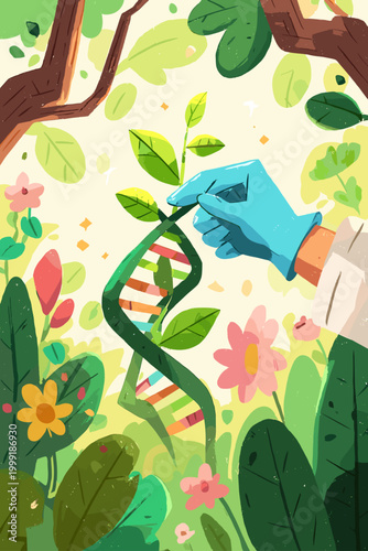 Hand touching a glowing DNA helix emerging from a chromatin lattice