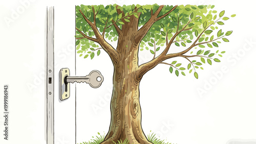 Surreal Watercolor Ink Illustration: A Lush Growing Tree Emerging From an Opened White Door, With a Key Left Inserted in the Lock, Symbolizing Nature's Access to New Beginnings