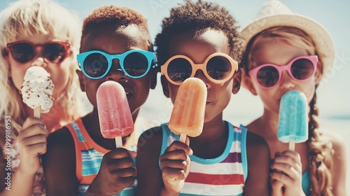 Happy kids in sunglasses enjoying colorful ice cream popsicles on a sunny summer day at the beach, fun childhood vacation concept.