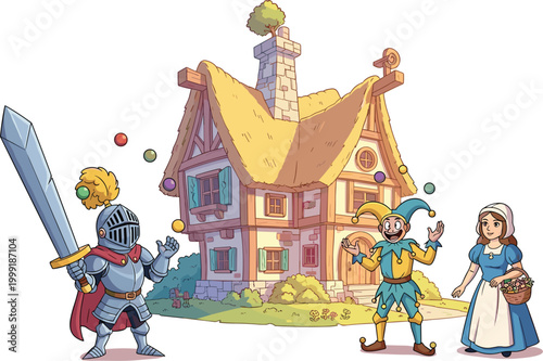 Medieval Village Illustration Set with Knight, Jester, Peasant Girl, and Cottage for Fantasy, Storybook, and Fairy Tale Designs