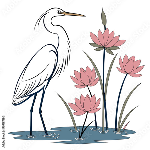 Tableau sur toile Great heron with pink lotus flowers stylized illustration on white background