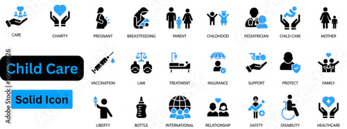 Child Care solid icon set. Child care icon set. Containing baby rattle, crescent star, healthy apple, heart monitor, syringe, open book, parent child, rubber duck, teddy bear and more. 