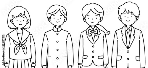 制服姿の中学生と高校生の線画イラスト（手描き）