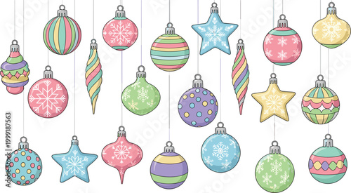 Christmas Ornament Illustration Set with Snowflakes, Stars, and Colorful Patterns for Holiday, Winter, and Festive Designs