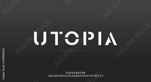 Utopia, Futurstic modern font alphabet. Minimal modern fonts and numbers. Typography typeface uppercase lowercase and number. vector illustration 