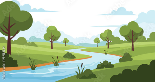 Park Landscape with River Nature Background Flat Vector Illustration Scene