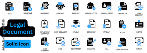 Legal Document solid icon set. Legal document icon set for contracts, agreement, certificate, diploma, compliance, paperwork, business documentation, and legal workflow ui.