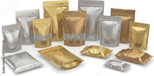 Create a kinds of deferent realistic Blank metallic plastic bag. Food snack, chips packaging 3d rendering mockup template vector art with white background..