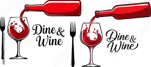 Dine and Wine restaurant logo set, red wine pouring from bottle into glass with fork icon, elegant bistro dining vector illustration