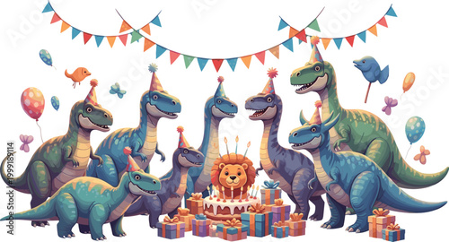 Cute Dinosaur Birthday Party Vector with T-Rex, Raptors, Lion Cake, Gifts, Balloons, Bunting, and Party Hats for Kids Illustrations, Stickers, and Whimsical Celebration Designs
