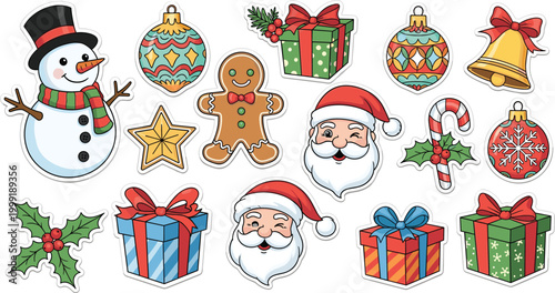Cute Christmas Stickers Vector Set with Santa Claus, Snowman, Gifts, Candy Cane, Ornaments, Bell, Gingerbread, and Holly for Holiday Cards, Decorations, and Digital Art Designs