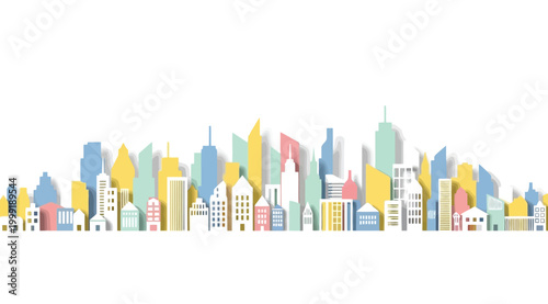 Colorful paper cut style city skyline silhouette