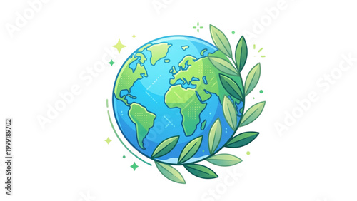 Earth globe surrounded by green leaves in a colorful illustration  