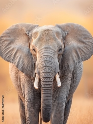 A large elephant with a trunk is standing in a field. The elephant is looking at the camera
