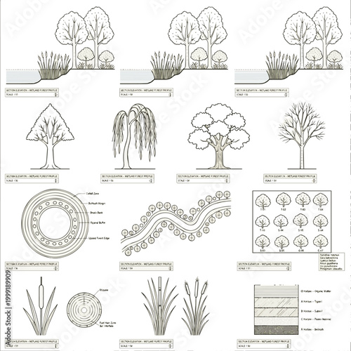 Create a realistic kinds of deferent Architectural Drawings, Minimal style cad tree line drawing, Side view, set of section wetland forest outline for landscape design drawing in separate vector art.