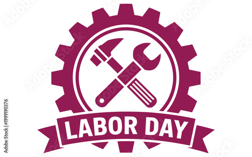 Labor day celebration with ribbon, gears, and text