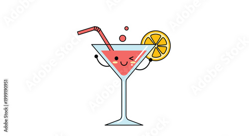 Cute cartoon cocktail glass character with a winking face and tiny arms holding a fresh orange slice and a striped straw.